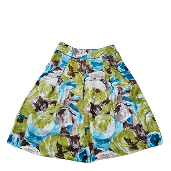 Floral Silk A-Line Skirt Talbots Size 4 Green Blue Brown Pleated Roses Flowers - Picture 8 of 8